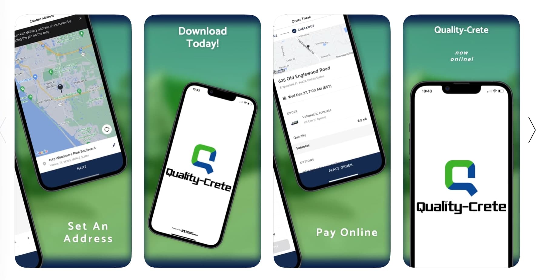 Quality-Crete ordering app screens on smartphones