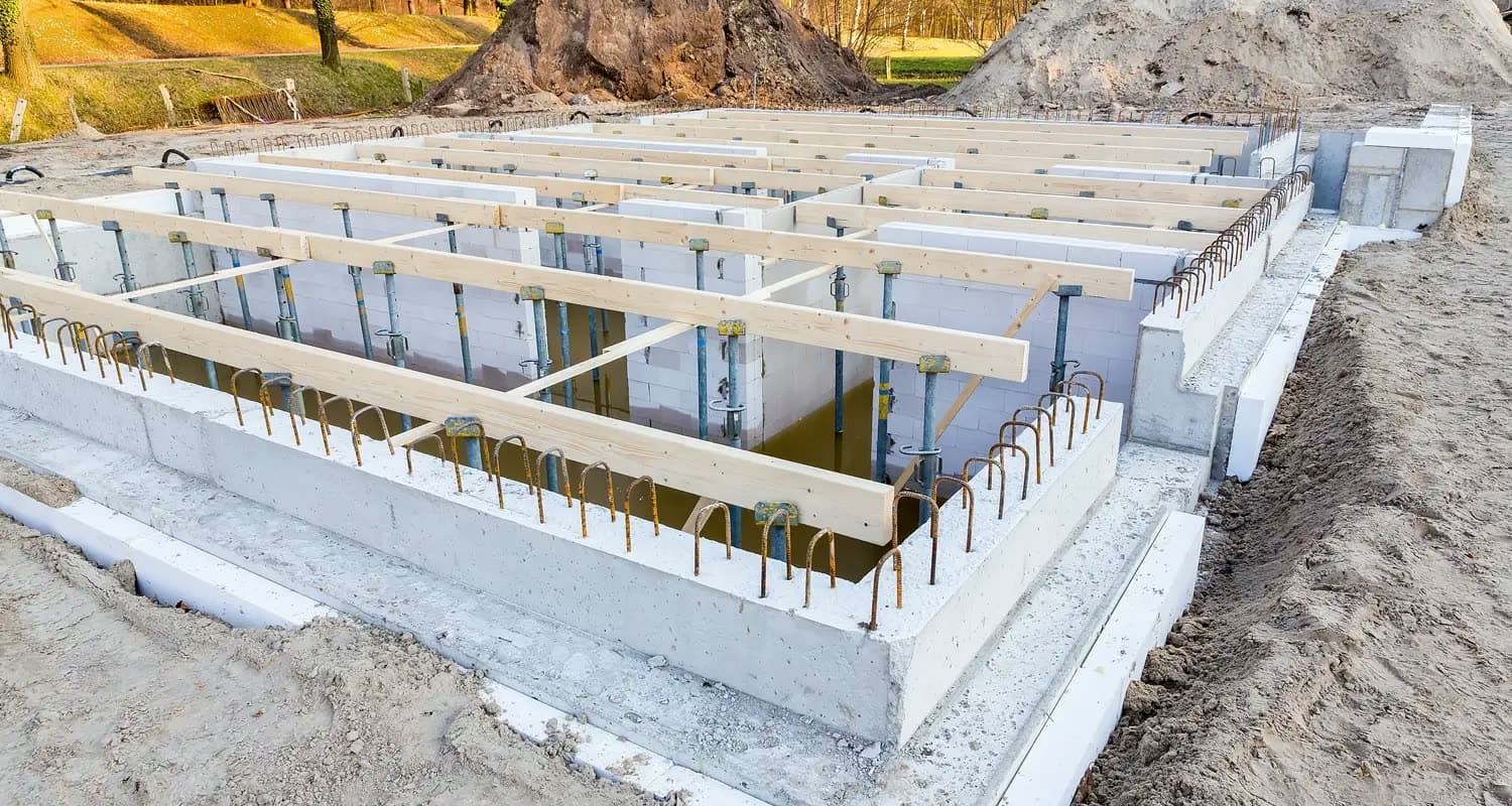 Insulated concrete form foundation walls braced with rebar over a wet excavation