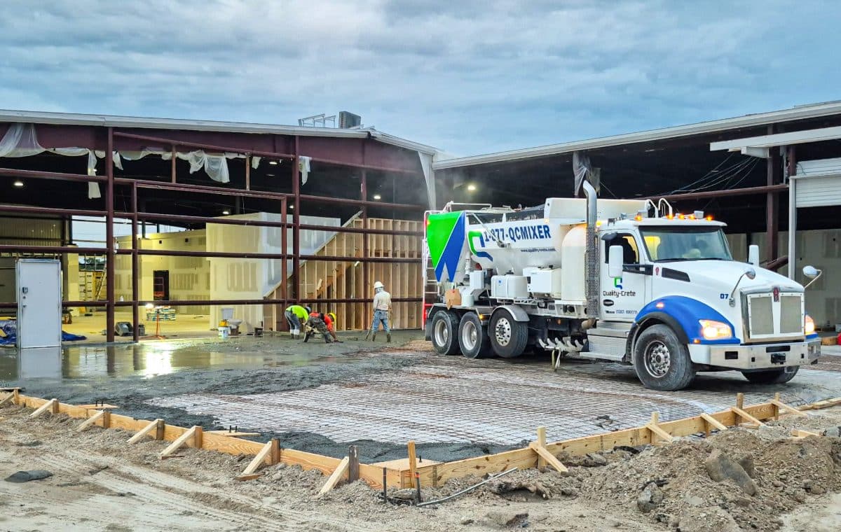 Quality-Crete volumetric mixer on a commercial jobsite