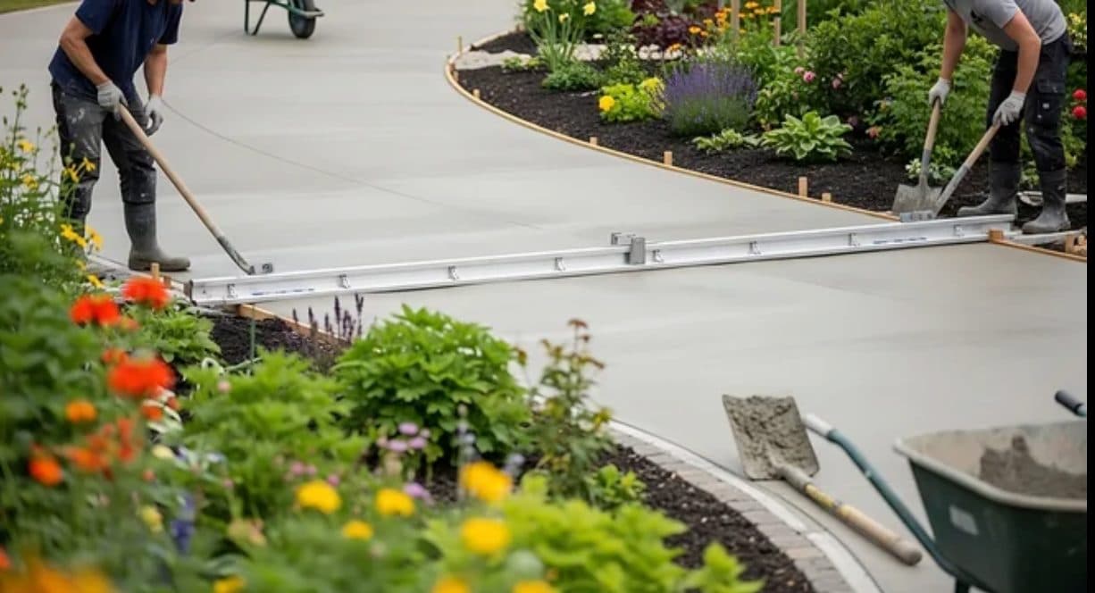 Crew screeding a fresh concrete garden path