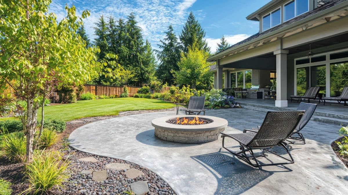 Concrete patio with a fire pit and lounge chairs