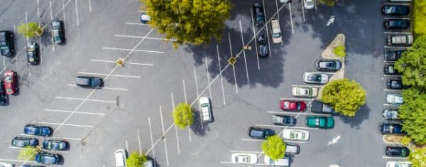 Aerial view of a striped concrete parking lot