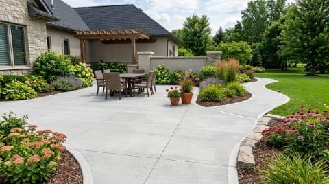 Curving concrete patio with outdoor seating
