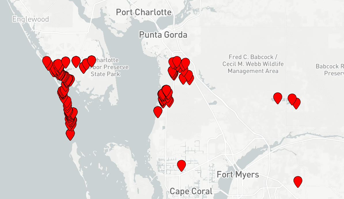 Service-area map of Southwest Florida marked with Quality-Crete delivery pins