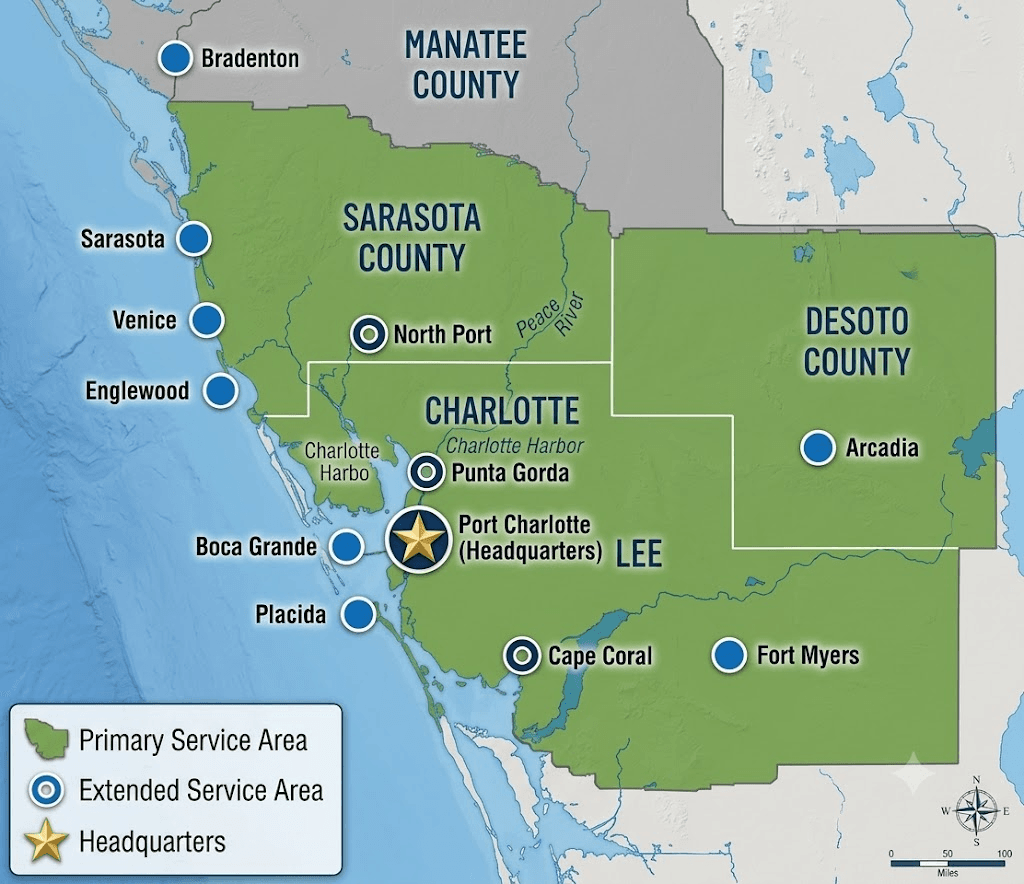 Map of the Quality-Crete primary and extended service areas across Charlotte, Sarasota, DeSoto and Lee counties