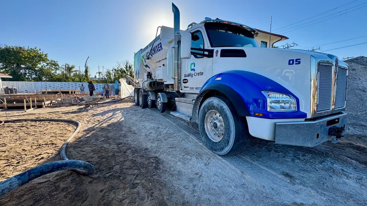 Quality-Crete volumetric mixer truck on a Florida jobsite