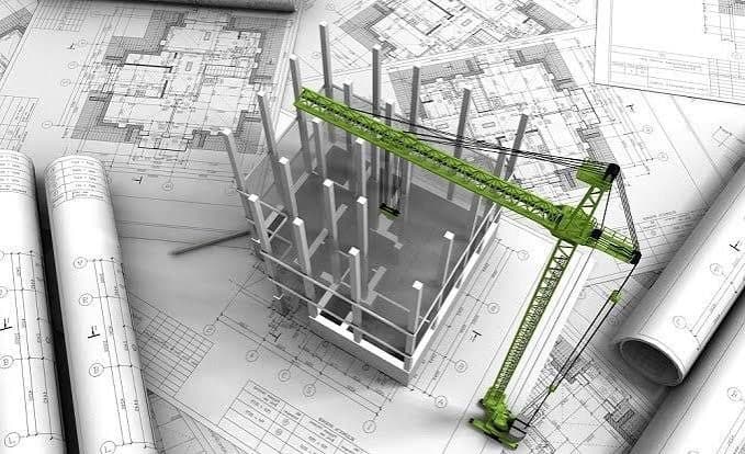 Engineering drawing of a concrete column structure with a green tower crane