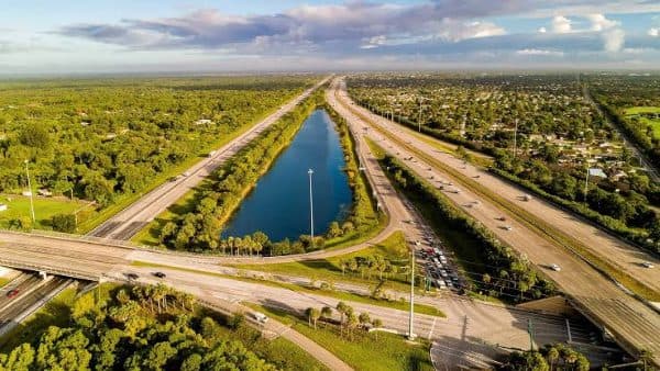 Aerial view of a canal and rural roadway